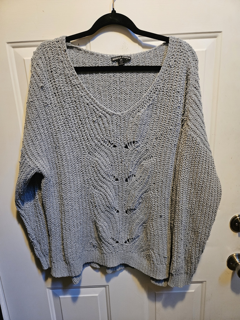 Moral Fiber Light Gray Open Knit V‑Neck Sweater